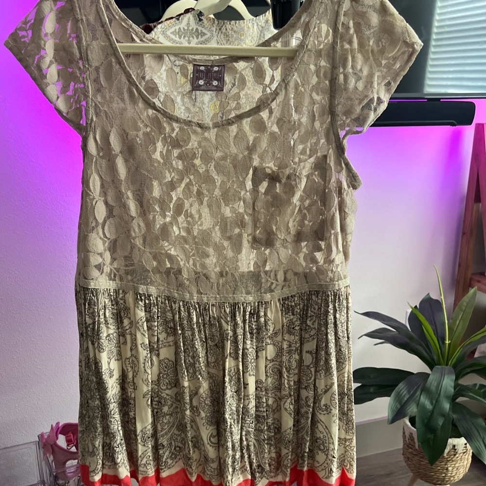 Free People Beige Lace Overlay Blouse with Red Hem
